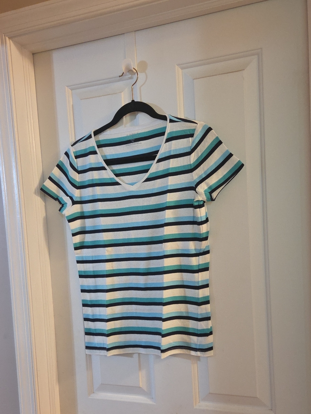 Talbots Striped V-Neck Tee in White, Teal & Black Medium Petite